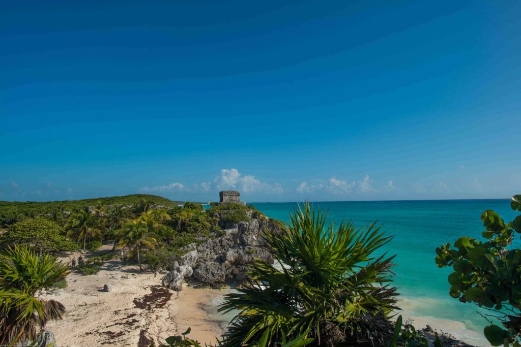Tulum archaeological site on the cliff above the Caribbean Sea