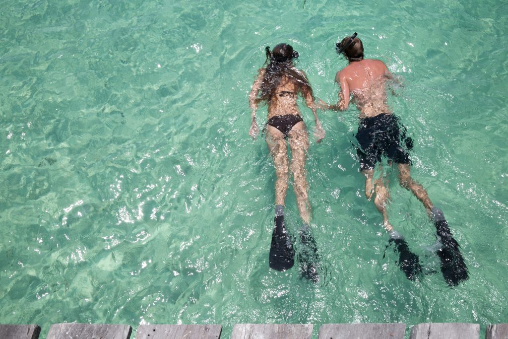 Snorkelers exploring a coral reef in the Mexican Caribbean