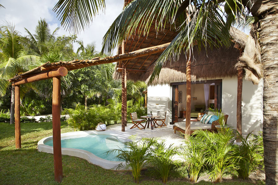 Villa with a thatched roof, terrace and private plunge pool surrounded by jungle